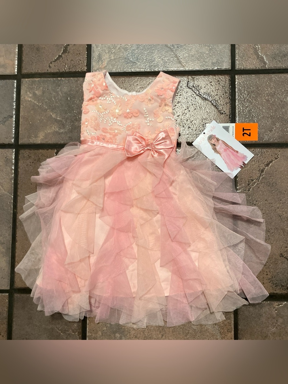 Jona Michelle Pink Layered Tulle Floral Sequin Party Dress with Bow